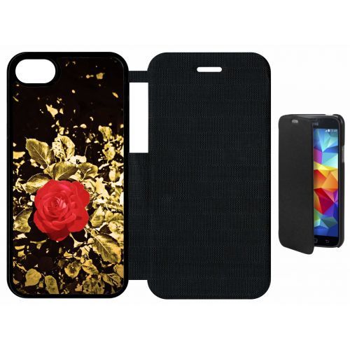 Etui A Flip Flap - Rose Et Feuille D'or - Compatible Avec Apple Iphone 8 - Plastique - Bord Noir