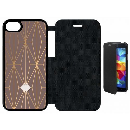 Etui A Flip Flap - Losange Geometrique Beige Et Or - Compatible Avec Apple Iphone 8 - Plastique - Bord Noir