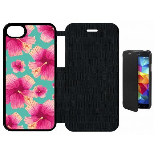 Etui A Flip Flap - Hibiscus Fond Turquoise - Compatible Avec Apple Iphone 8 - Plastique - Bord Noir
