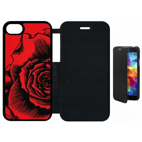 Etui A Flip Flap - Fleur Fond Fond Rouge - Compatible Avec Apple Iphone 8 - Plastique - Bord Noir