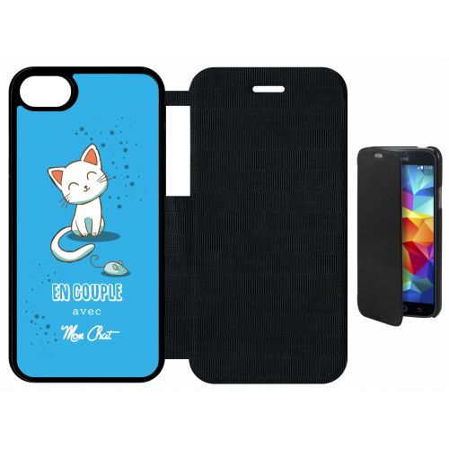 Etui A Flip Flap - En Couple Avec Mon Chat Fond Bleu - Compatible Avec Apple Iphone 8 - Plastique - Bord Noir