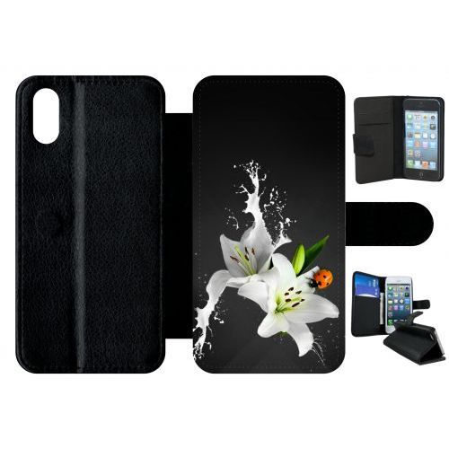 Etui A Rabat - Lys Blanc Coccinelle Sur Fond Gris - Compatible Avec Apple Iphone X - Plastique - Bord Noir