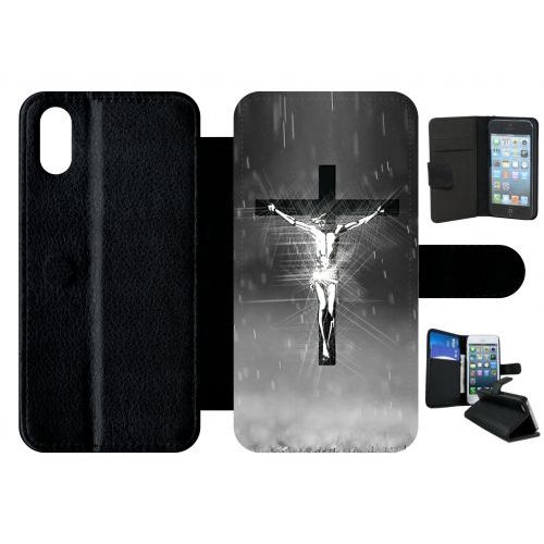 Etui A Rabat - Jésus Croix Noir Et Blanc - Compatible Avec Apple Iphone X - Plastique - Bord Noir