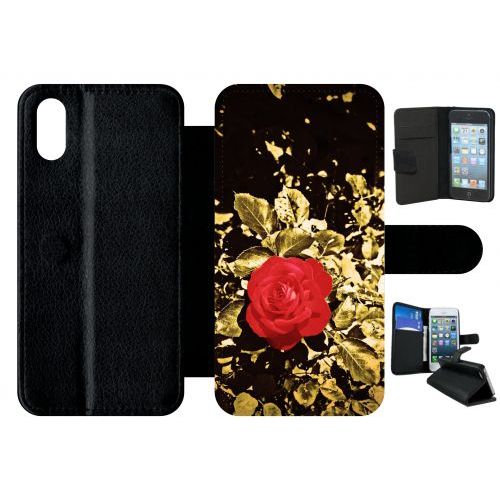 Etui A Rabat - Rose Et Feuille D'or - Compatible Avec Apple Iphone X - Plastique - Bord Noir