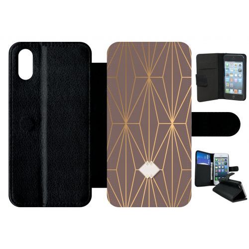 Etui A Rabat - Losange Geometrique Beige Et Or - Compatible Avec Apple Iphone X - Plastique - Bord Noir