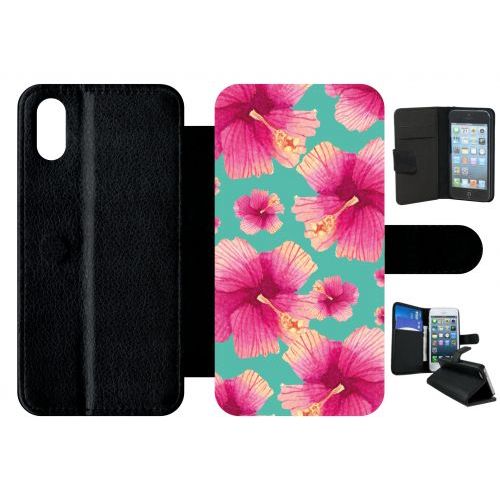Etui A Rabat - Hibiscus Fond Turquoise - Compatible Avec Apple Iphone X - Plastique - Bord Noir