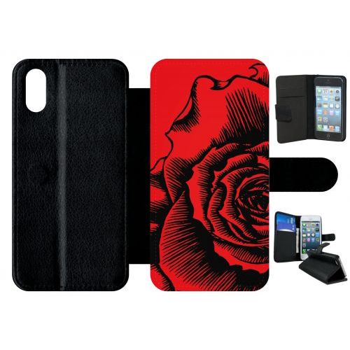 Etui A Rabat - Fleur Fond Fond Rouge - Compatible Avec Apple Iphone X - Plastique - Bord Noir