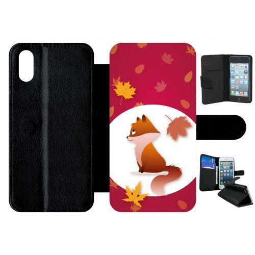 Etui A Rabat - Renard Fond Rouge - Compatible Avec Apple Iphone X - Plastique - Bord Noir