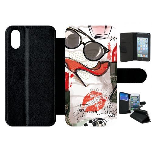 Etui A Rabat - Motif Girly Fond Blanc - Compatible Avec Apple Iphone X - Plastique - Bord Noir