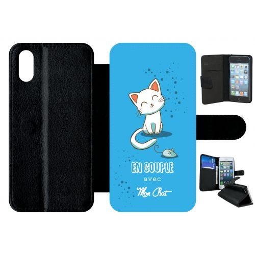 Etui A Rabat - En Couple Avec Mon Chat Fond Bleu - Compatible Avec Apple Iphone X - Plastique - Bord Noir