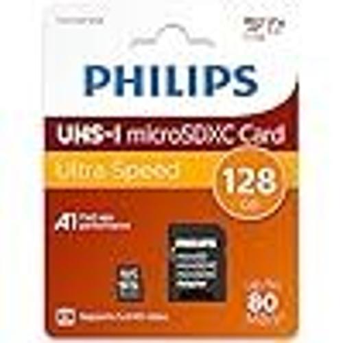 Philips Ultra Speed Carte microSDXC Card 128 Go + Adaptateur SD UHS-I U1, Vitesse de Lecture jusqu'à 80 Mo/s, A1 Fast App Performance, V10, Carte mémoire pour Smartphones, Tablette, PC, vidéo Full HD