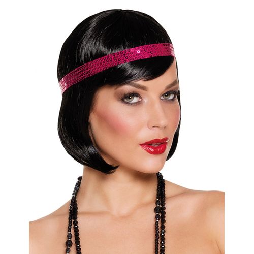 Perruque Courte Noire Cabaret Avec Bandeau À Sequins Rose Femme Taille Unique