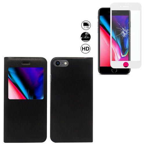 Pour Apple Iphone 8 4.7" : Etui Housse Plastique View Case, Etui À Rabat - Noir + 1 Film En Verre Trempé Bord Incurvé Resistant - Blanc