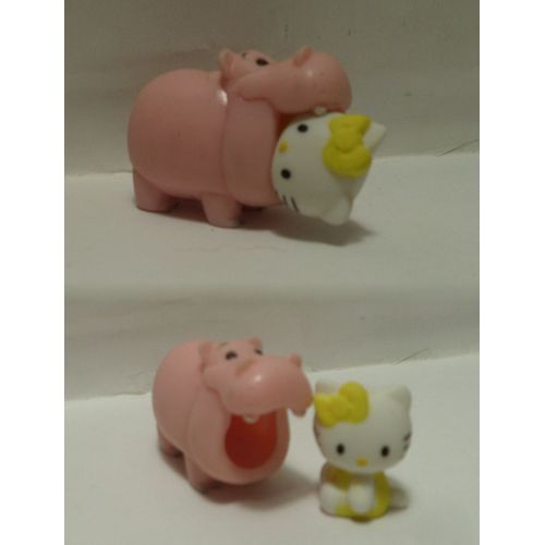 Figurine Hello Kitty - Hippopotame Rose Avec Chat Noeud Jaune - 4cm