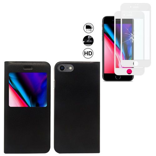 Pour Apple Iphone 8 4.7" : Etui Housse Plastique View Case, View Cover, Etui À Rabat - Noir + 2 Films En Verre Trempé Bord Incurvé Resistant - Blanc