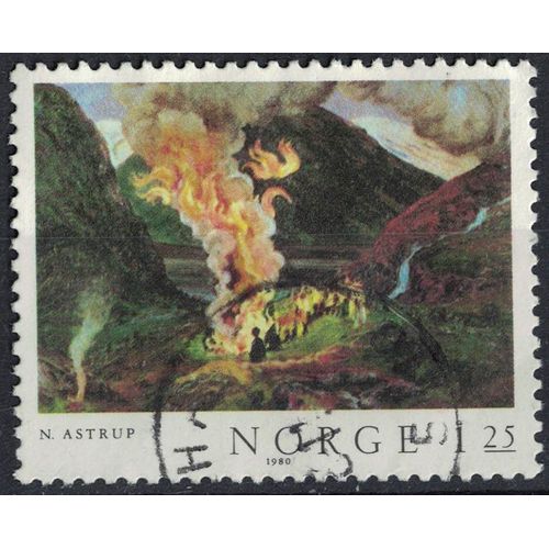Norvège 1980 Oblitéré Used Peinture Nikolaï Astrup Jonsokbal Feu De Joie Célébrant La Nuit Du Solstice D'été Su