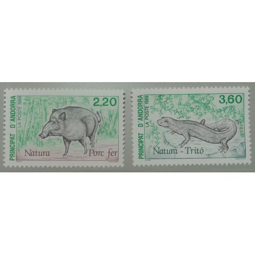 2 Timbres Andorre Principat D'andorra 1989 Yvert Et Tellier N°382 Et 383 Natura Sanglier Triton Protection De La Nature Neufs**
