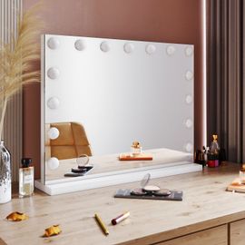 Miroir de maquillage éclairé Hollywood SIRHONA avec 15 ampoules LED Dimmables pour dressing et chambre à coucher Contrôle tactile intelligent Blanc