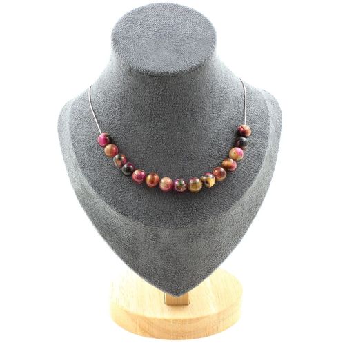 Collier 15 Perles Oeil De Tigre Fuschia Bicolore 8 Mm. Chaine En Acier Collier Femmes, Hommes. Taille Personnalisable.