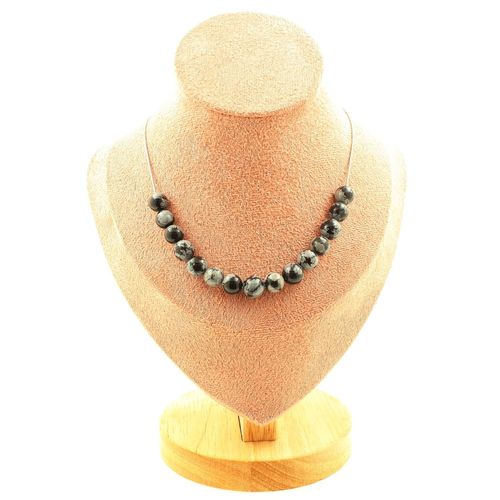 Collier 15 Perles Obsidienne Flocon De Neige 8 Mm. Chaine En Acier Collier Femmes, Hommes. Taille Personnalisable.