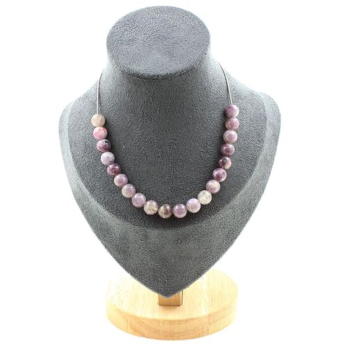 Collier 20 Perles Mica Violet De Tanzanie 8 Mm. Chaine En Acier Collier Femmes, Hommes. Taille Personnalisable.