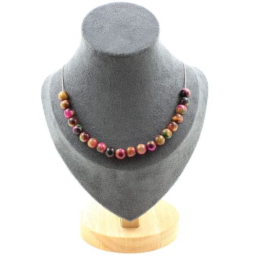 Collier 20 Perles Oeil De Tigre Fuschia Bicolore 8 Mm. Chaine En Acier Collier Femmes, Hommes. Taille Personnalisable.