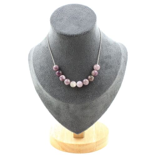 Collier 10 Perles Mica Violet De Tanzanie 8 Mm. Chaine En Acier Collier Femmes, Hommes. Taille Personnalisable.