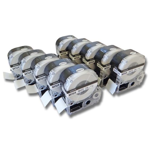 vhbw 10x cassette à bande cartouche 24mm noir sur blanc pour imprimante d?étiquette Epson LabelWorks LW-700, LW-900P remplace LC-6WBN, SS24KW.
