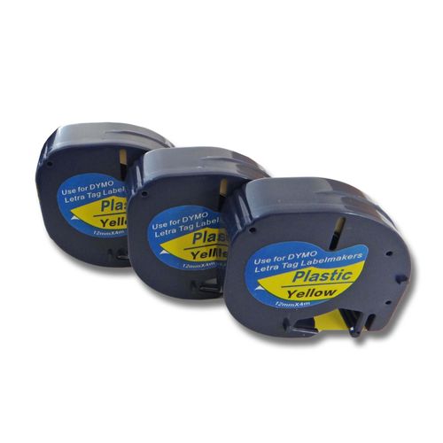 vhbw 3x cassette à bande cartouche 12mm noir sur jaune pour imprimante d?étiquette Dymo LetraTag Plus LT-100H, LT-100T, XM, 2000 remplace 91202.