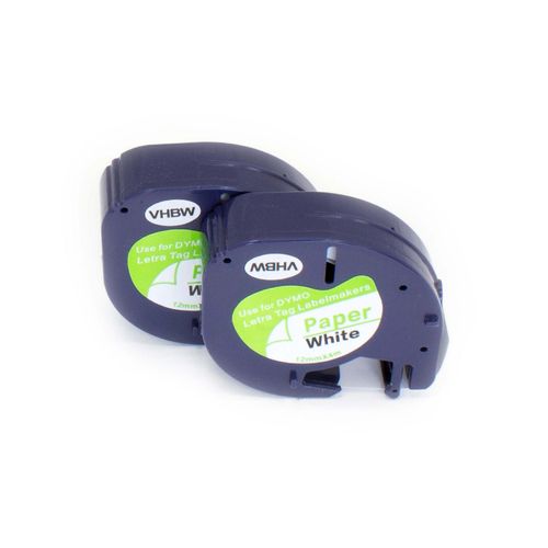 vhbw 2x cassette à bande cartouche 12mm noir sur blanc pour imprimante d?étiquette Dymo LetraTag LT-100H, LT-100T, QX50, XR remplace 91200, S0721520.