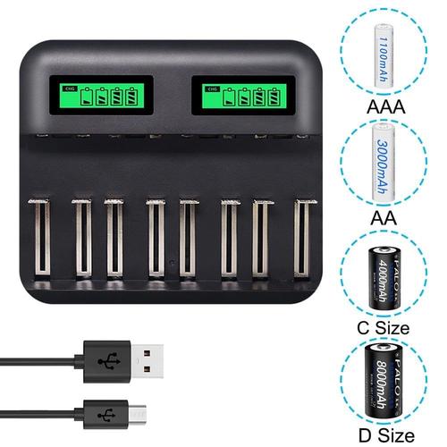 Chargeur de batterie intelligent à 8 emplacements pour piles rechargeables AA, AAA, SC, C, D