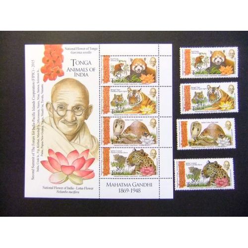 Tonga 2015 Animals Gandhi Snake Leopard Lotus Mnh Michel Bloc 100 +2074 / 77 ** Mnh // Aa