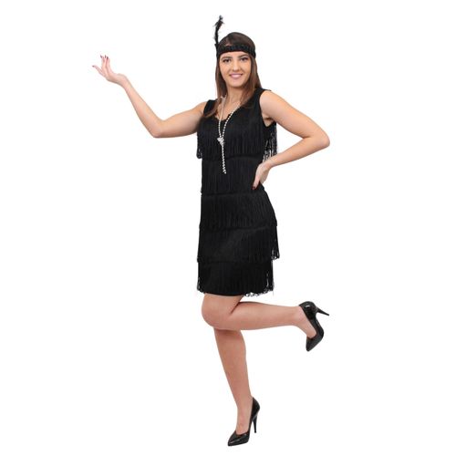 Déguisement Pour Femme Des Années 20 Avec Robe Noir À Franges Devant Et Derrière Style Charleston + Un Bandeau À Plume Assorti + Un Collier De Fausses Perles Argenté - Xxlarge
