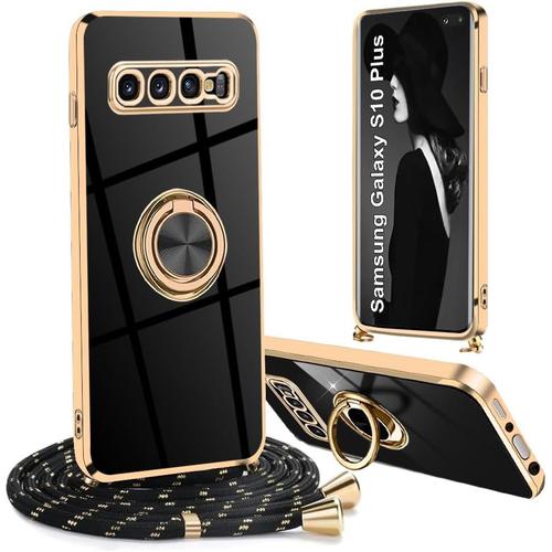 Coque Avec Cordon Pour Samsung Galaxy S10 Plus Coque Avec Anneau Rotatif À 360 °, Aimant Support De Voiture Housse Bumper, Antichoc Silicone Tpu Souple, Collier Réglable Coque, Noir