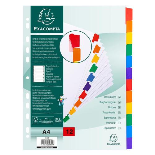 Exacompta Lot De 3 Jeux D'intercalaire 12 Positions En Carte Blanche A4 170g Onglets Mylar®