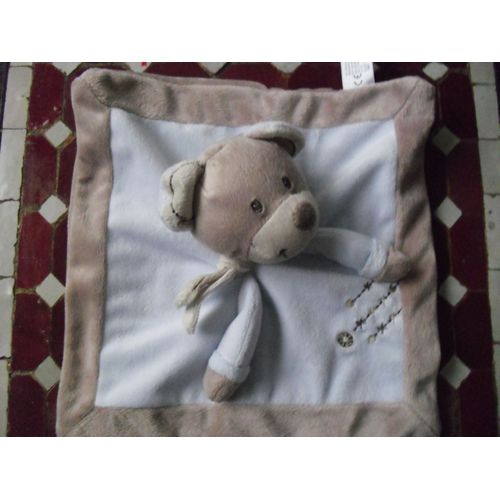 Doudou Tete D'Ours Bleu Et Marron