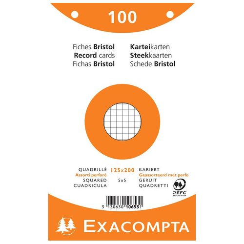Exacompta Paquet De 100 Fiches Bristol 5x5 Perf.125x200 S/Film Ass