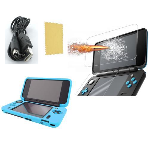 Pack 3 En 1 Nintendo New 2ds Xl : Housse Silicone Bleu Turquoise - Chargeur Usb - Protection Écran Verre Trempé