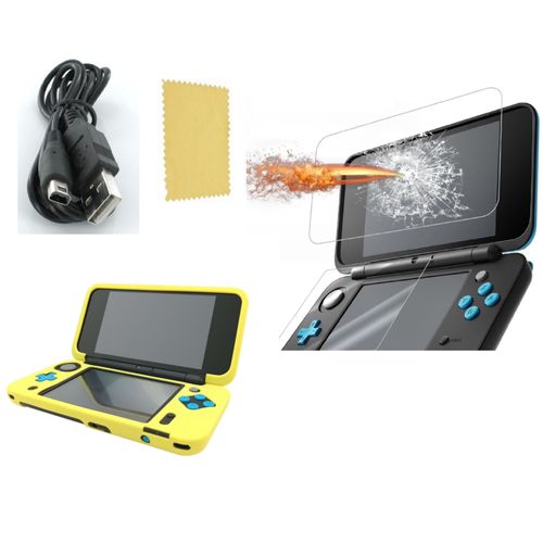 Pack 3 En 1 Nintendo New 2ds Xl : Housse Silicone Jaune - Chargeur Usb - Protection Écran Verre Trempé