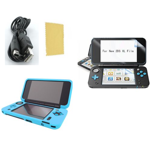 Pack 3 En 1 Nintendo New 2ds Xl : Housse Silicone Bleu Turquoise - Chargeur Usb - Film De Protection Écran