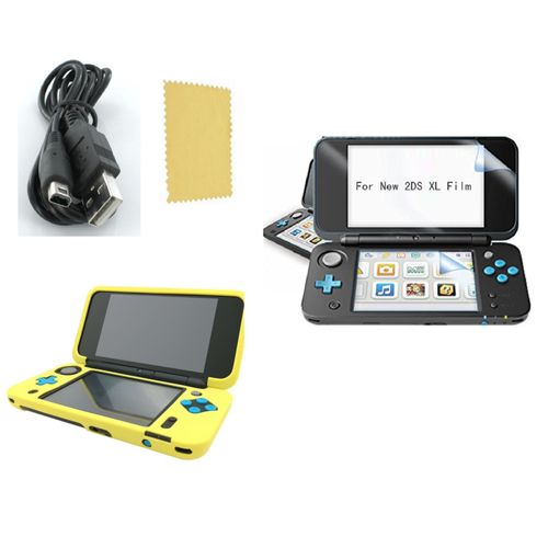 Pack 3 En 1 Nintendo New 2ds Xl : Housse Silicone Jaune - Chargeur Usb - Film De Protection Écran