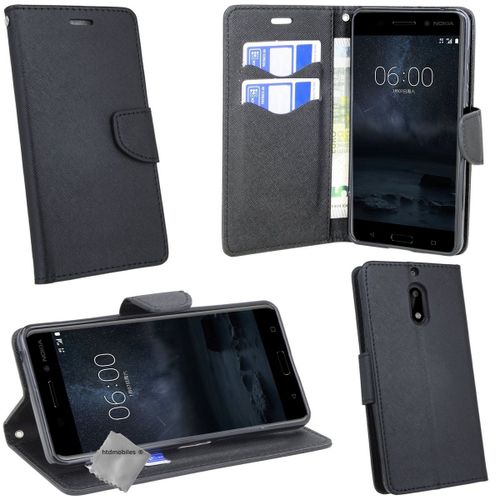 Housse Etui Coque Pochette Portefeuille Pour Nokia 6 + Film Ecran - Noir / Noir