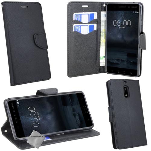 Housse Etui Coque Pochette Portefeuille Pour Nokia 6 + Verre Trempe - Noir / Noir