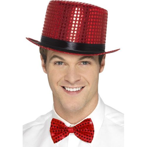 Chapeau Haut De Forme À Sequins Rouge Avec Ruban Noir Adulte Taille Unique