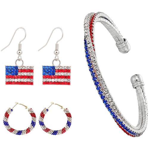 Bracelet Et Boucles D'oreilles Drapeau Américain Pour Femmes, Rouge, Bleu, Blanc Klb