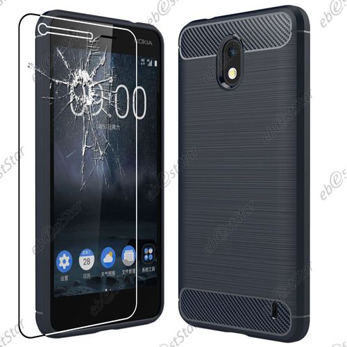 Ebeststar ® Pour Nokia Nokia 2 - Coque Motif Fibre Carbone Luxe 2 Barres Horizontales Etui Housse Silicone Gel Coussins D'air + Film En Verre Trempé, Couleur Bleu Foncé