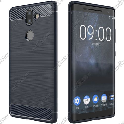 Ebeststar ® Pour Nokia Nokia 9 - Coque Motif Fibre Carbone Luxe 2 Barres Horizontales Etui Housse Silicone Gel Coussins D'air, Couleur Bleu Foncé
