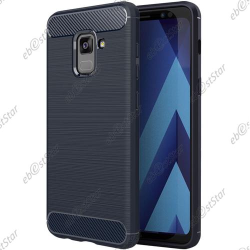 Ebeststar ® Pour Samsung Galaxy A8 Plus 2018 A8+ A730f - Coque Motif Fibre Carbone Luxe 2 Barres Horizontales Etui Housse Silicone Gel Coussins D'air, Couleur Bleu Foncé