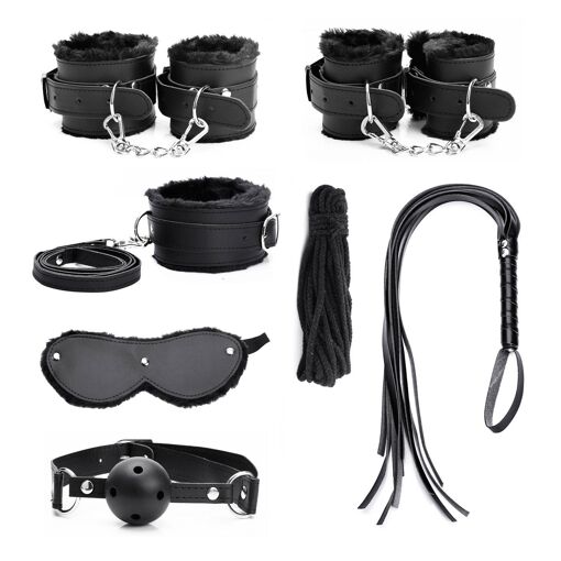 Kit Bondage - Bâillon, Menottes, Martinet, Laisse, Collier, Masque, Corde - Simili Cuir Noir