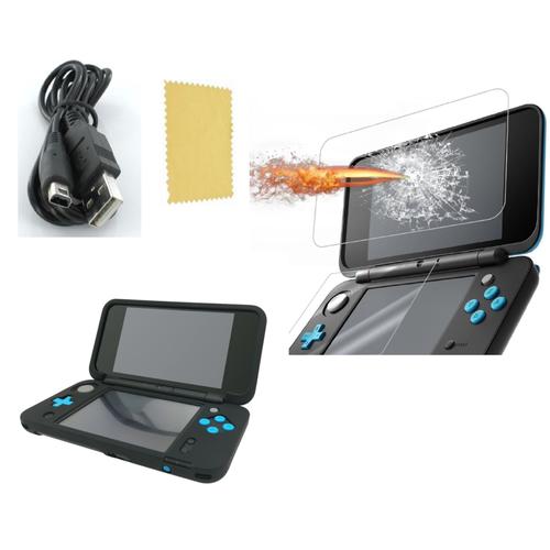 Pack 3 En 1 Nintendo New 2ds Xl : Housse Silicone Noir - Chargeur Usb - Protection Écran Verre Trempé